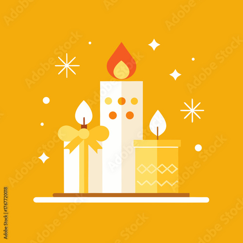 Three lit candles with festive decorations on a yellow background