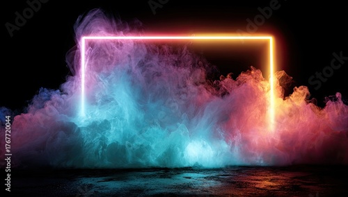 Neon rectangle frame in smoky atmosphere