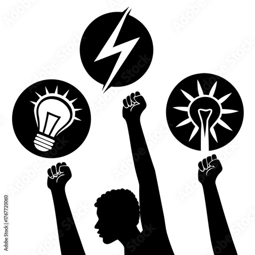 Fist raised in protest with lightbulb and lightning bolt symbols