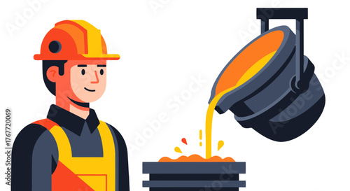 A Smiling Worker Monitoring Molten Metal Being Poured In Engineering Process Illustration