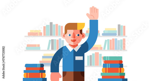 A Student Raises His Hand In A Library, Ready To Answer Questions, With Books