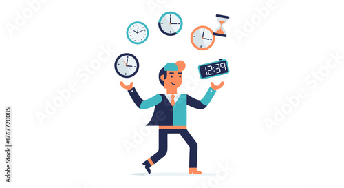 A Person Juggling Diverse Time Instruments with a Digital Clock on Black Background