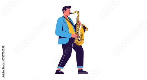 A Stylish Illustration Of A Musician Playing The Saxophone Against A Black Background