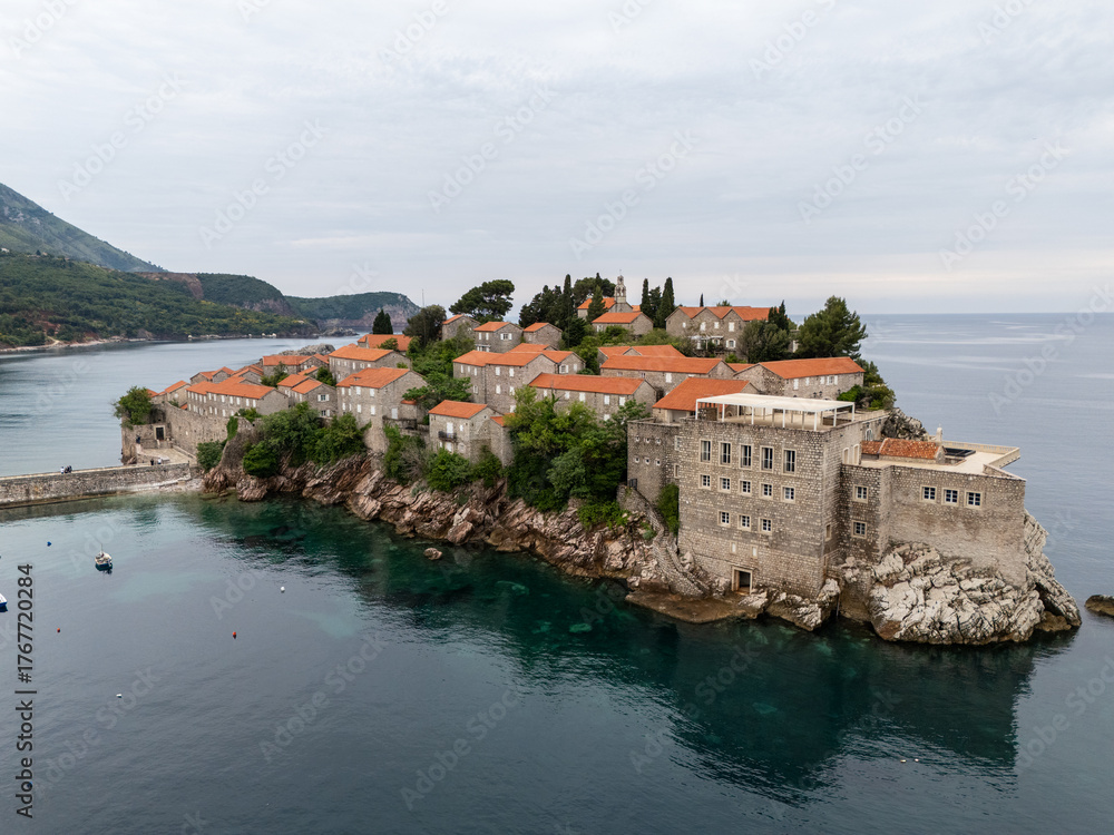 Fototapeta premium Sveti Stefan Island and Beach aerial view in Montenegro