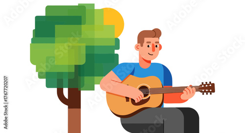 A Person Plays Guitar Under The Tree, Enjoying The Nature And Beautiful Sunny Day