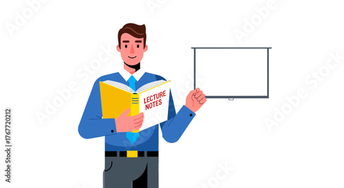 A Teacher Holding Lecture Notes With An Empty Screen Ready For Explanations