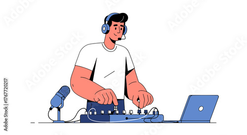 A Person Records a Podcast Mixing Audio On a Board With Microphone And Laptop