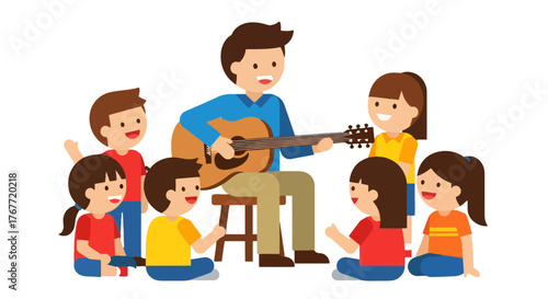 A Teacher Plays Guitar for Children, Creating Joyful Music in A Playful Session