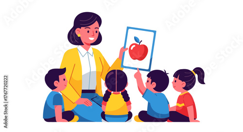 A Teacher Introducing The Apple To Young Students In An Engaging Classroom Scene