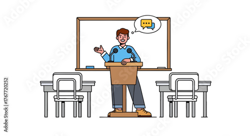 A Teacher Presenting A Speech In Front Of A Classroom And Empty Desks