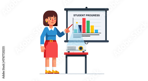 A Teacher Presenting Graphs Regarding Student Progress Using A Projector In A Classroom