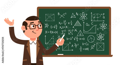 A Teacher Presenting Complex Mathematical Formulas on a Blackboard in a Classroom Environment