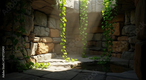 Sunlit stone sanctuary with trailing greenery for peace and tranquility