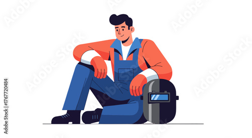 A Welder Resting After Hard Work, Featuring Personal Protective Equipment, Vector Illustration