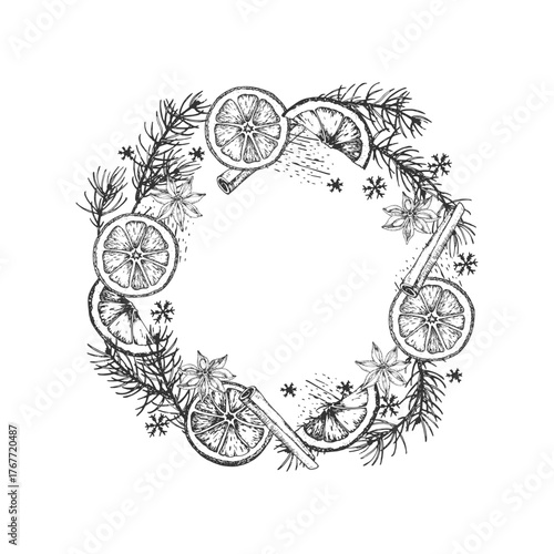 A graphic vector wreath with fir tree branches, oranges, cinnamon, star anise. A black and white spice template for label and packaging design for Christmas sweets and mulled wine.