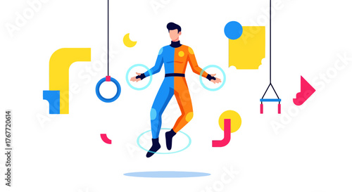 Abstract Art Of Human Performing With Colorful Shapes and Geometric Elements