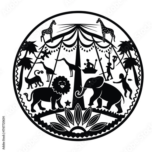 All kinds of animals are playing in the circus black and white color silhouette vector art illustration