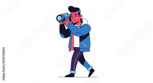 A Young Cameraman Taking Photos With The Camera Modern Animated Illustration