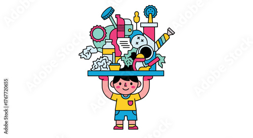 A Young Person Proudly Carrying Assorted Household Items on a Tray Against Black Background