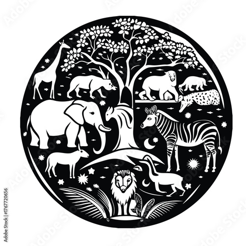 All kinds of animals are in jungle black and white color silhouette vector art illustration
