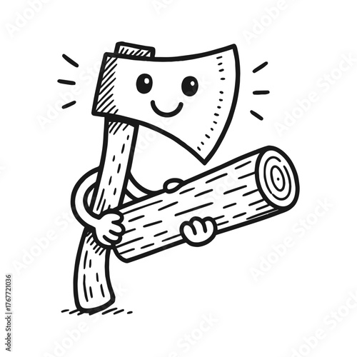 Happy cartoon character holding an axe and a log, showcasing a playful illustration style, perfect for children's themes and woodwork concepts with copy space