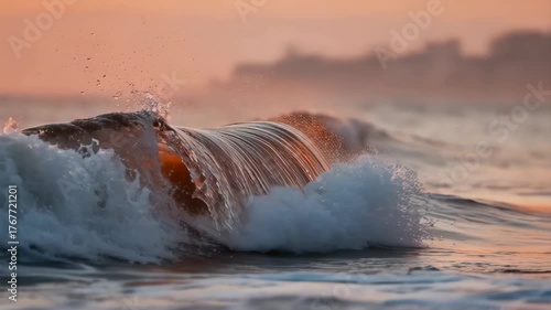 Ocean Wave Crashing During Golden Hour Sunset With Golden Light Shining Through Water And Spray Splashing High Against Blurred Coastal