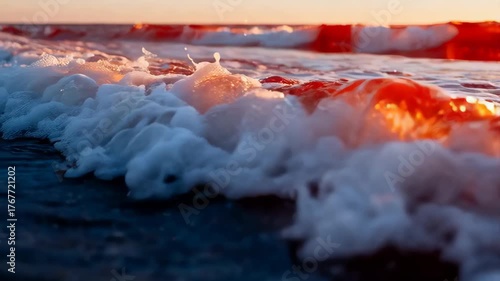 Ocean Wave Crashing at Sunset with Golden Hour Light Reflecting on Water and Foam