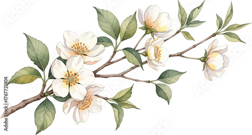 Delicate watercolor painting of a blooming apple blossom branch with soft white petals and green leaves