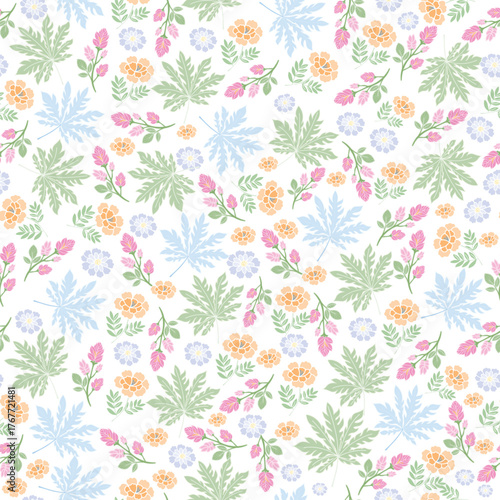 coquette seamless pastel flowers pattern. Delicate petals and vibrant blossoms create an artistic and vintage botanical illustration. Perfect for wallpaper, fabric, wrapping paper and more.