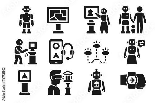 Device visitors navigation robot escorting icon guide vector humanoid bracelet museum lighting