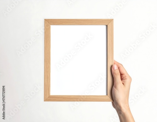 Hand Holding Wooden Photo Frame on White Background