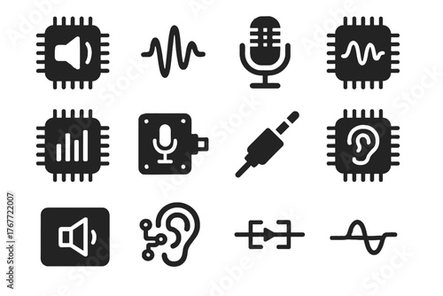 Chip microphone icons frequency module digital acoustic vector recording input ear icon