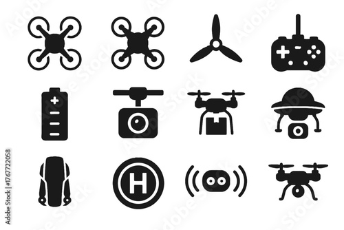 Vector landing sensor drone controller pad cyber camera surveillance icon flying