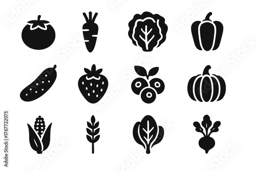 Carrots lettuce organic strawberries cucumbers produce radish icons vector pumpkins tomatoes icon