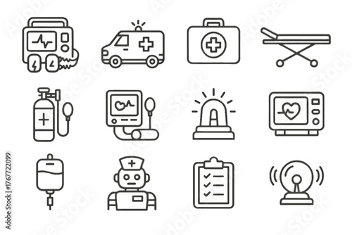 Pressure stretcher clipboard vector monitor defibrillator alarm first light emer icon