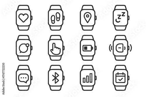 Notification tracker health monitor wearable assistant bluetooth touchscreen vector icon sensor control