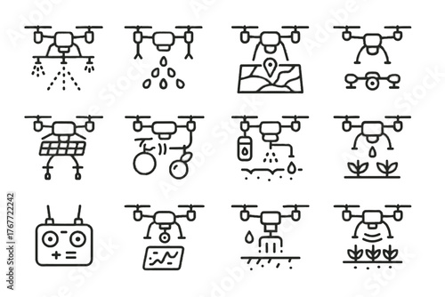Agricultural mapping drone watering soil crop spraying scanner icons seeding vector icon