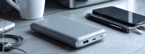 Wallpaper Mural Modern Design of a Secure Portable Power Bank Showcasing Sleek Features on a Stylish Wooden Desk Surface Torontodigital.ca