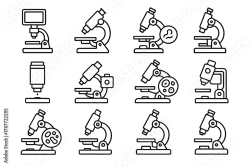 Microscope icon viewer scientific analysis lens tool vector imaging lab icons observation