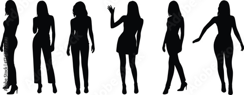 Fashionable woman silhouettes, standing pose, stylish outfit, body posture, elegance, high heels, gesture, modern look, beauty, feminine stance