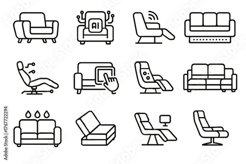Smart high connected ergonomic sofa seating icon tech vector design digital recliner