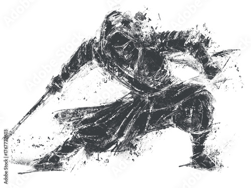 Dynamic black and white abstract painting of a ninja in motion with sword, expressive brush strokes, ink art style, power and mystery concept