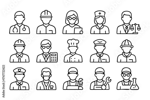 Job Professions and Occupations Line Icons Set Vector - People, Avatars, and Career Symbols