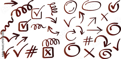 Hand Drawn Brown Arrows Checkmarks Circles Hashtags and Squiggles.