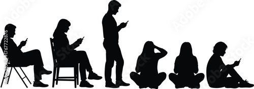 Mobile phone silhouettes, seated posture, digital engagement, relaxed reading, smartphone use, modern lifestyle, tech interaction, casual pose, device focus, comfort