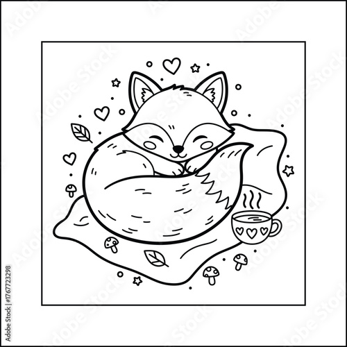 Bold and easy cute fox sleeping on a cozy pillow coloring page for kids and adults. cozy animal coloring pages 