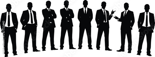 Silhouettes of confident businessmen in suits standing together, professional men team discussing ideas, corporate leadership concept on white background