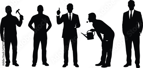 Silhouettes of diverse male professions, construction worker, businessman, gardener, confident pose, formal attire, career roles, occupational diversity, lifestyle