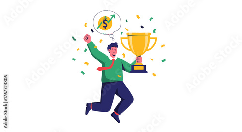 Achievement Celebration With Trophy And Rising Finances Illustrated On Black Background
