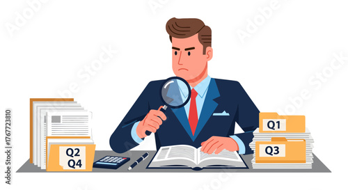 Analyst Investigating Documents and Data with a Magnifying Glass for Analysis